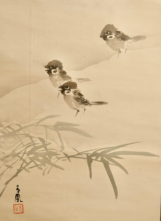 Mochizuki Seiho-望月青鳳（1866-？）一 Sparrows In The Snow -すずめと雪